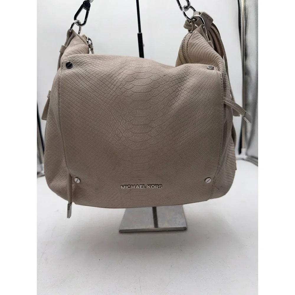 Michael Kors Beige Snake Embossed Leather Hobo Shoulder Bag Silver Hardware